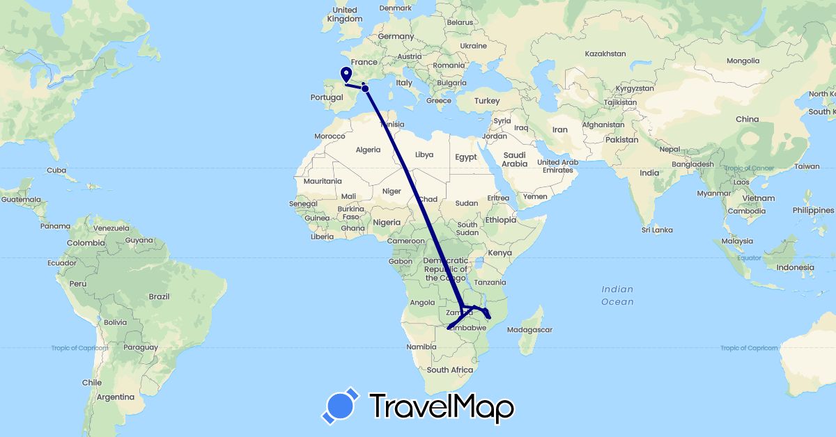 TravelMap itinerary: driving in Botswana, Spain, Malawi, Zambia, Zimbabwe (Africa, Europe)